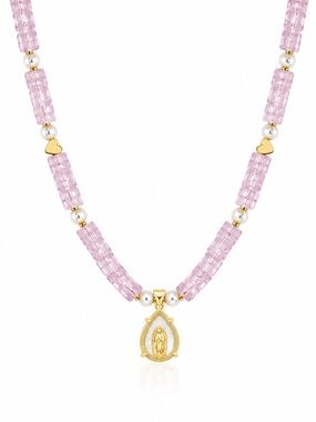 Gold Virgin Mary Pendant Necklace with Pink Beads